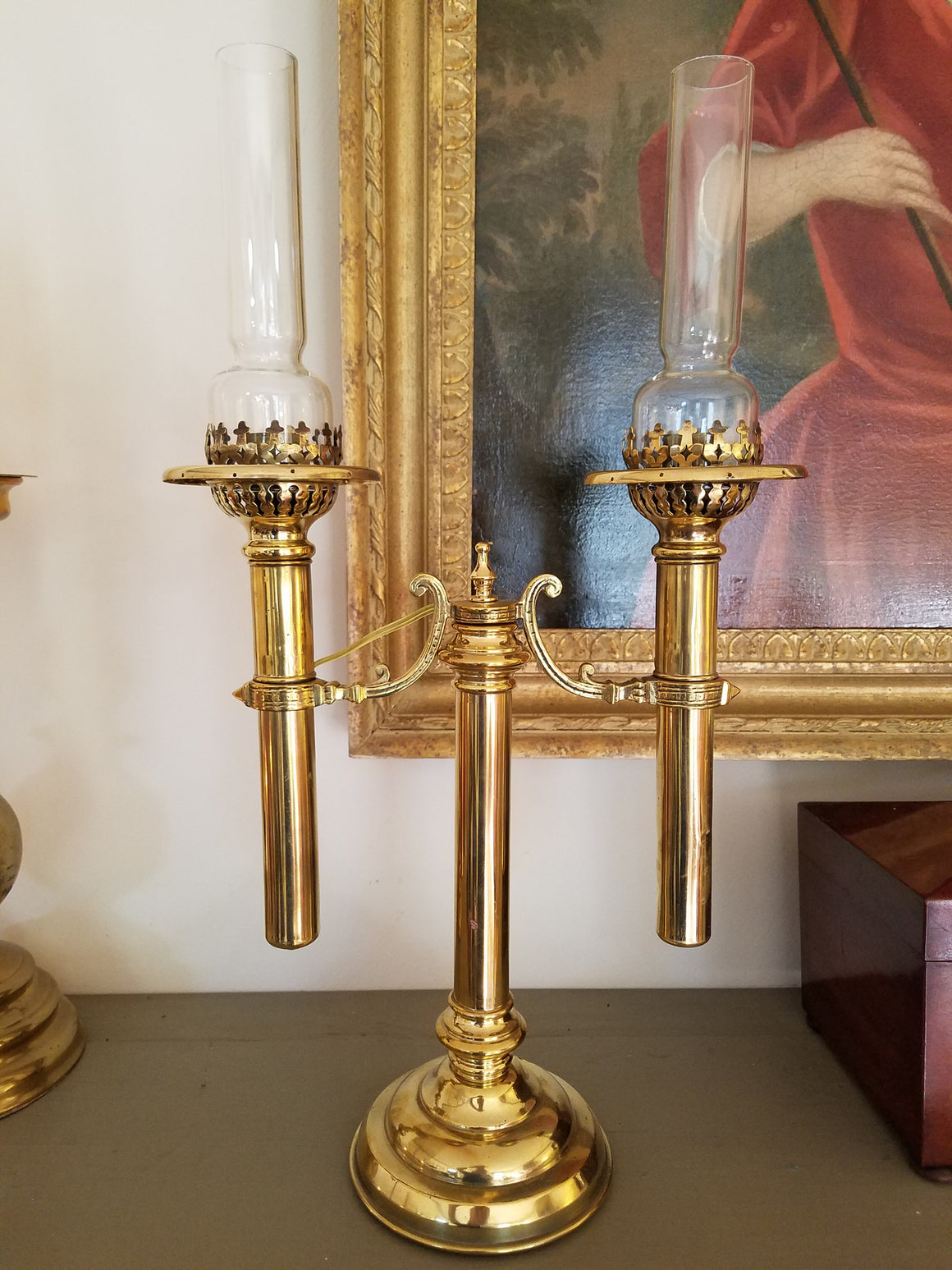 Double Arm Argand Style Lamp with glass chimneys